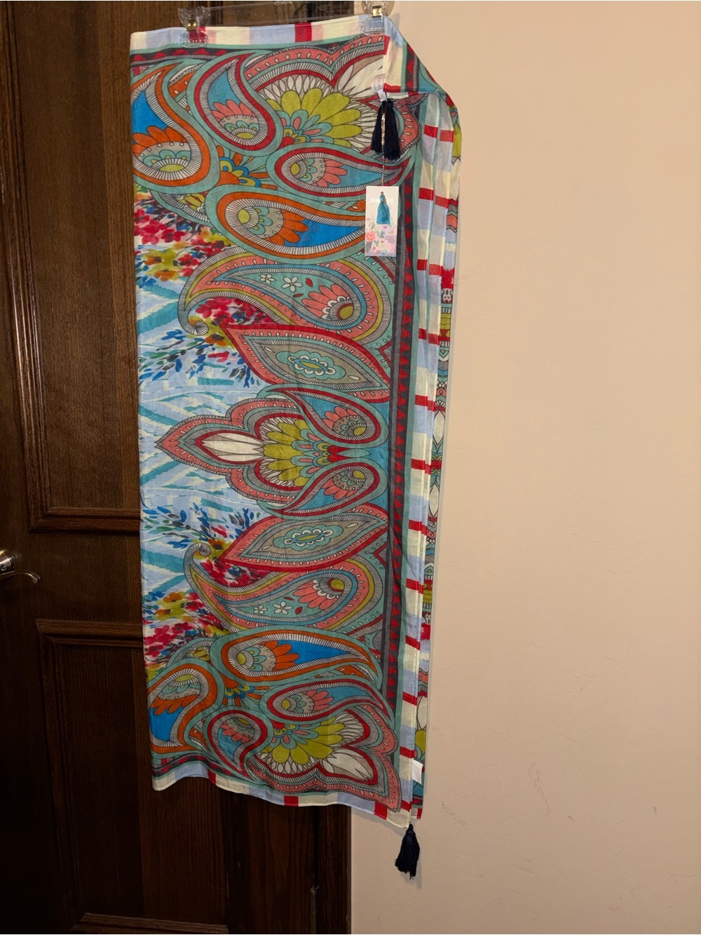 Johnny Was Turquoise Red Paisley Maxi Wrap Sarong.